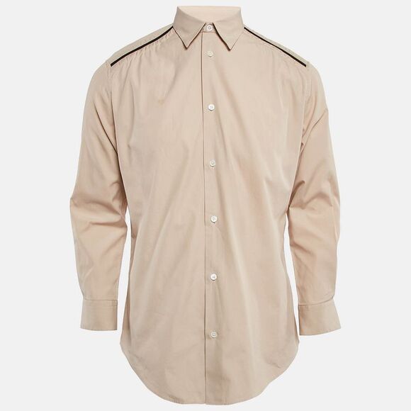 Hermes Beige Cotton Button Front Leather Trimmed Shirt M - Picture 1 of 6